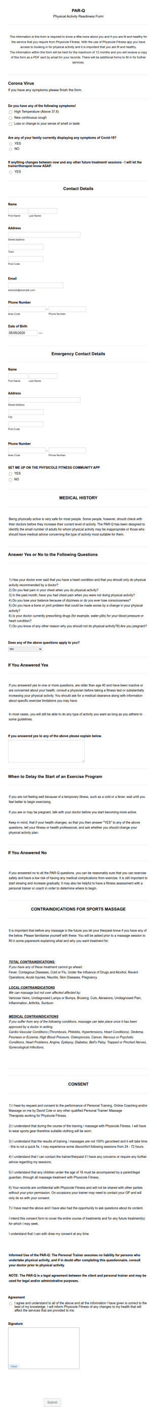 Physical Activity Readiness And Consent Form Template