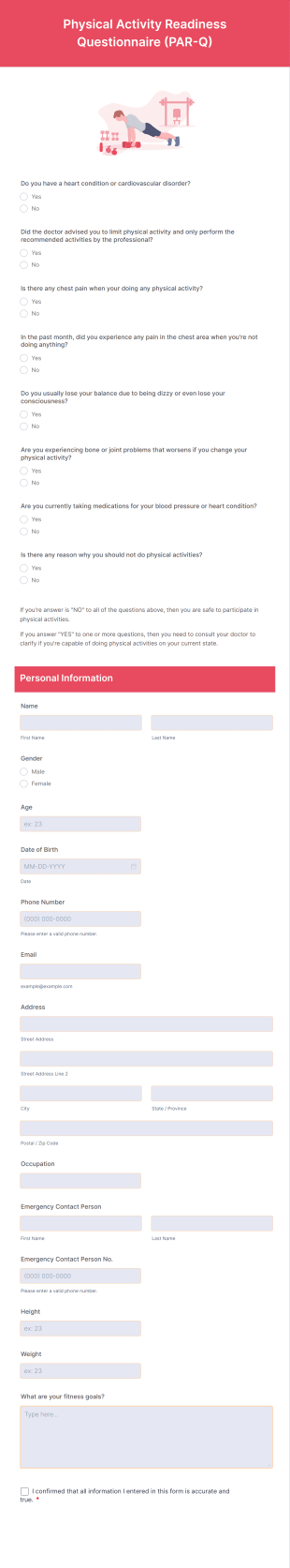 Physical Activity Readiness Questionnaire (PAR Q) Form Template