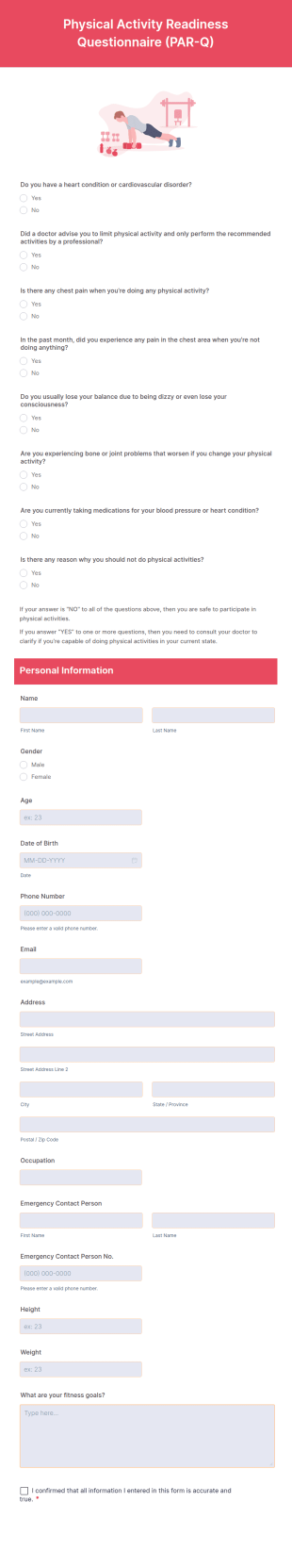 Physical Activity Readiness Questionnaire (PAR Q) Form Template