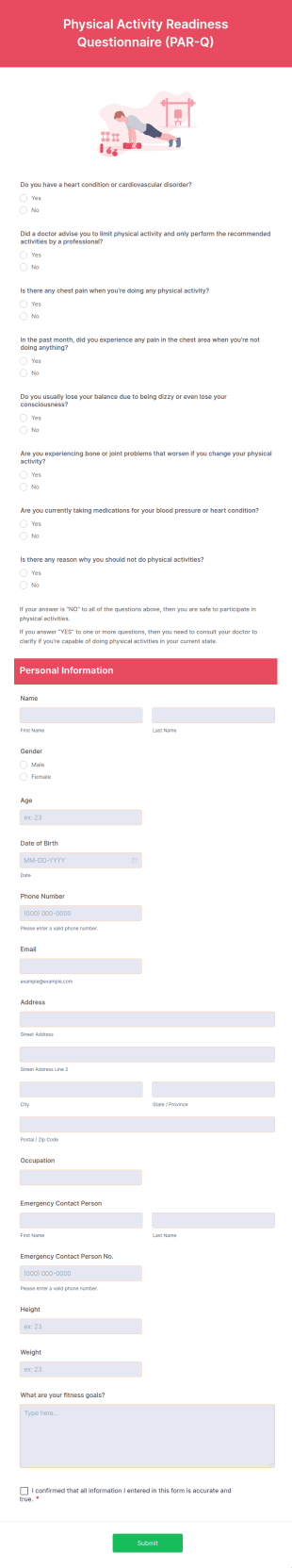 Physical Activity Readiness Questionnaire (PAR Q) Form Template
