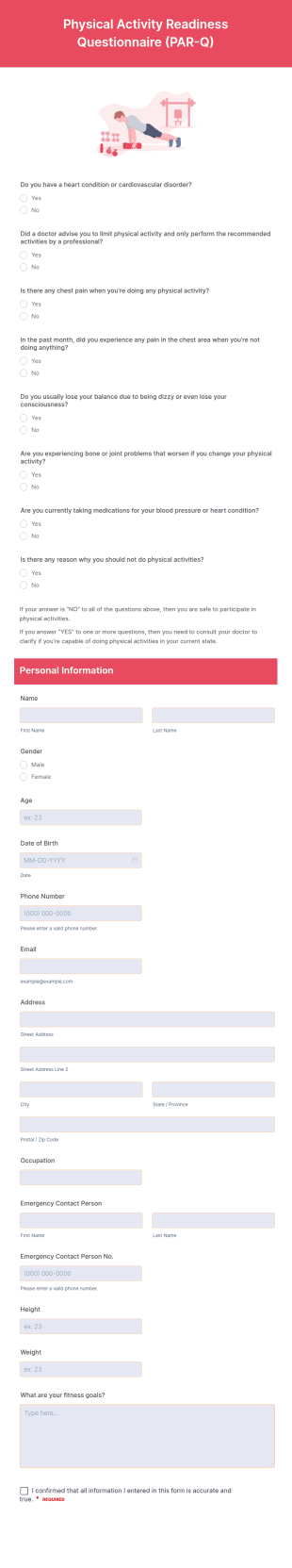 Physical Activity Readiness Questionnaire (PAR Q) Form Template