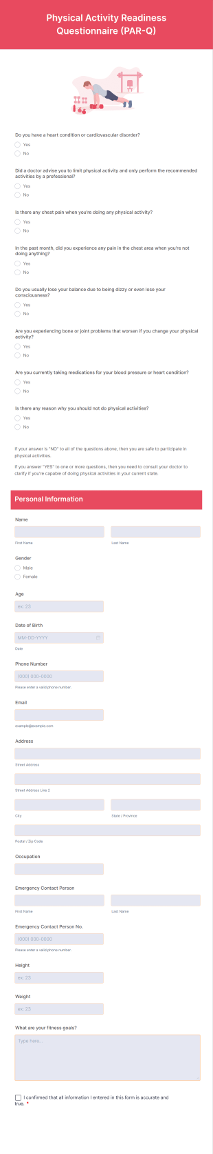 Physical Activity Readiness Questionnaire (PAR Q) Form Template