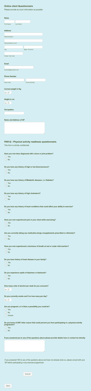 Physical Activity Readiness Questionnaire Form Template