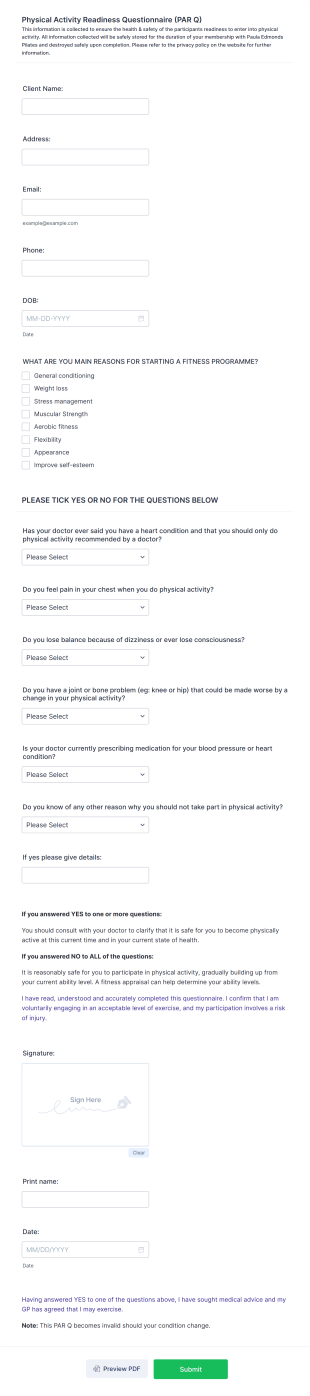 Physical Activity Readiness Form Template