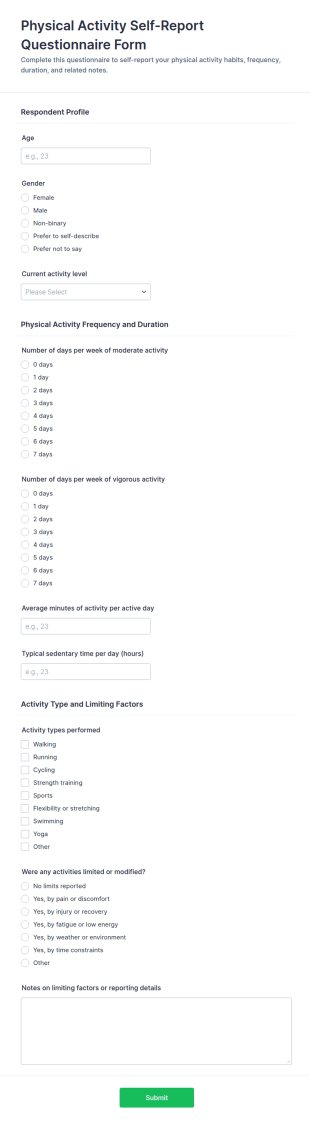 Physical Activity Self Report Questionnaire Form Template