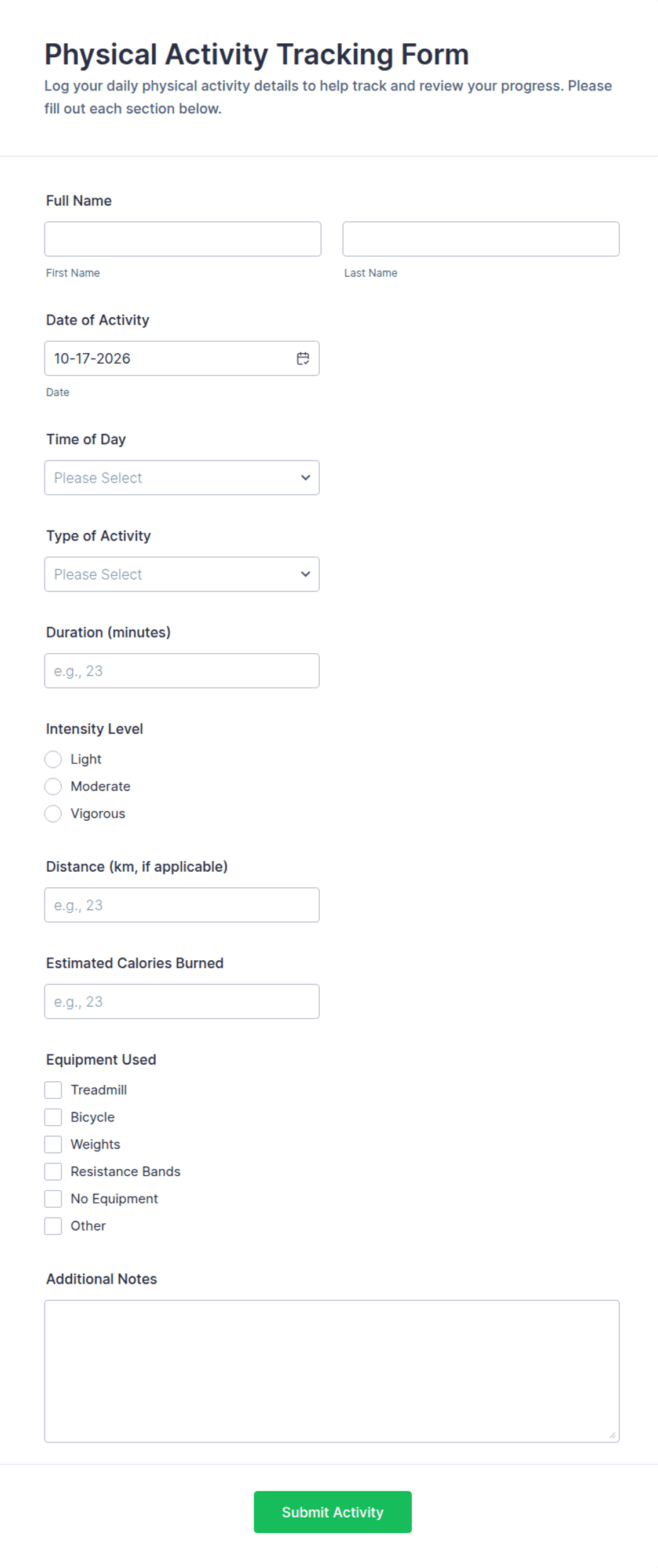 Physical Activity Tracking Form Template | Jotform