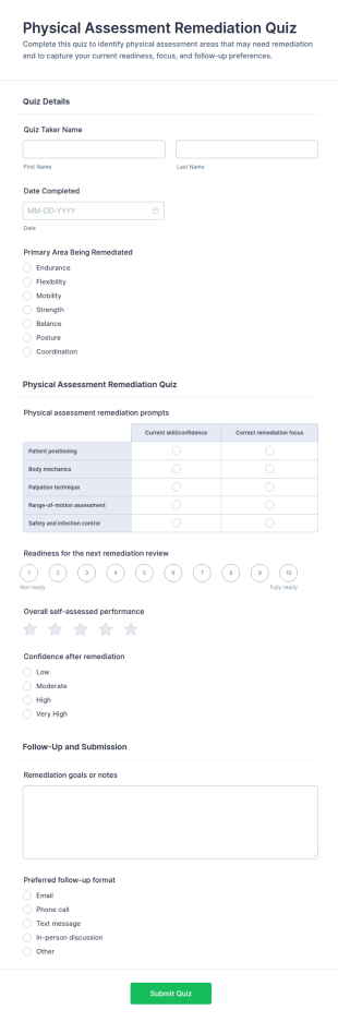 Physical Assessment Remediation Quiz Form Template