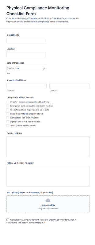 Physical Compliance Monitoring Checklist Form Template
