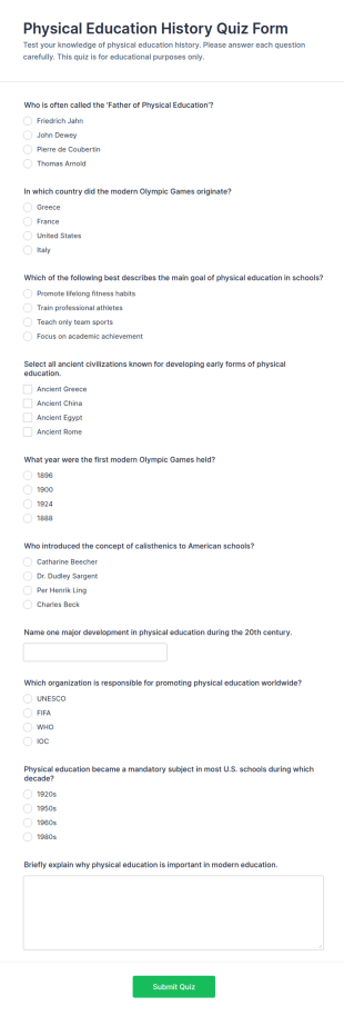 Physical Education History Quiz Form Template