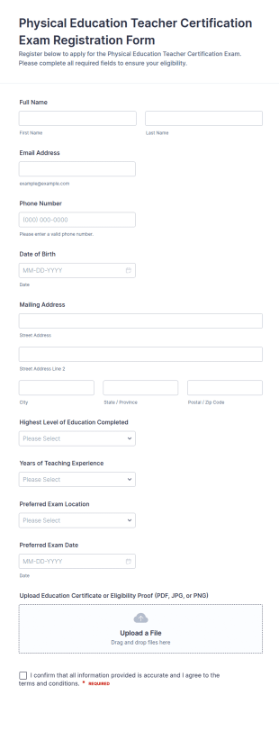 Physical Education Teacher Certification Exam Registration Form Template
