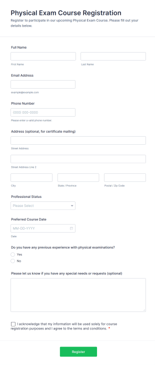 Physical Exam Course Registration Form Template