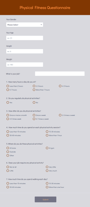 Physical Fitness Questionnaire Form Template