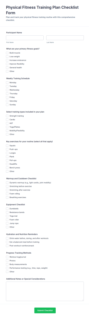 Physical Fitness Training Plan Checklist Form Template