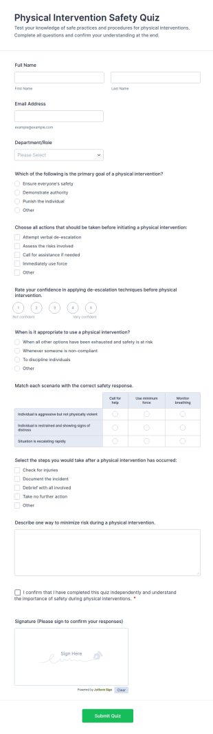 Physical Intervention Safety Quiz Form Template