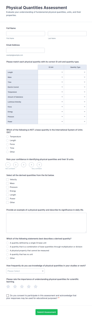 Physical Quantities Assessment Form Template