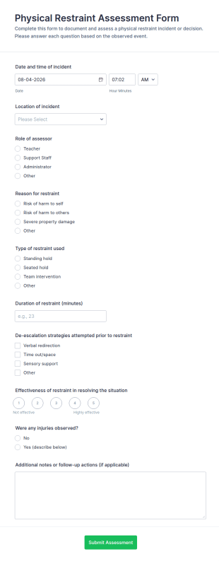 Physical Restraint Assessment Form Template