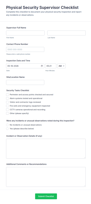 Physical Security Supervisor Checklist Form Template