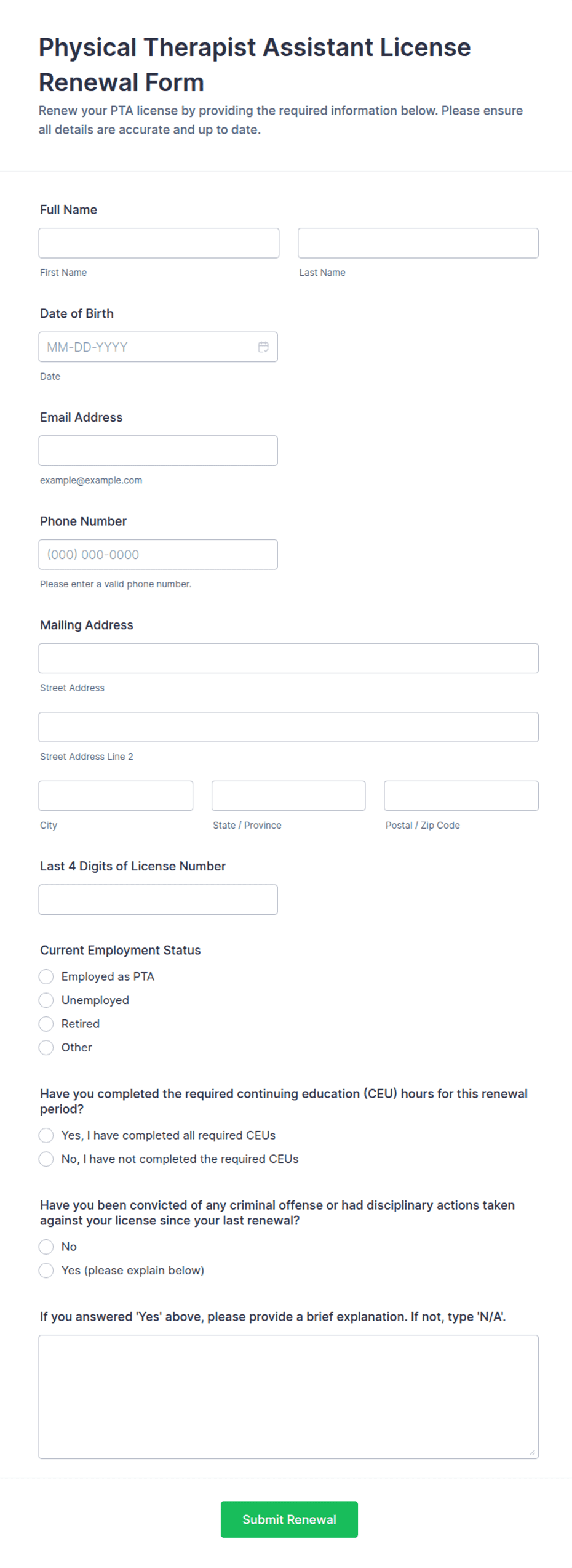 Physical Therapist Assistant License Renewal Form Template | Jotform