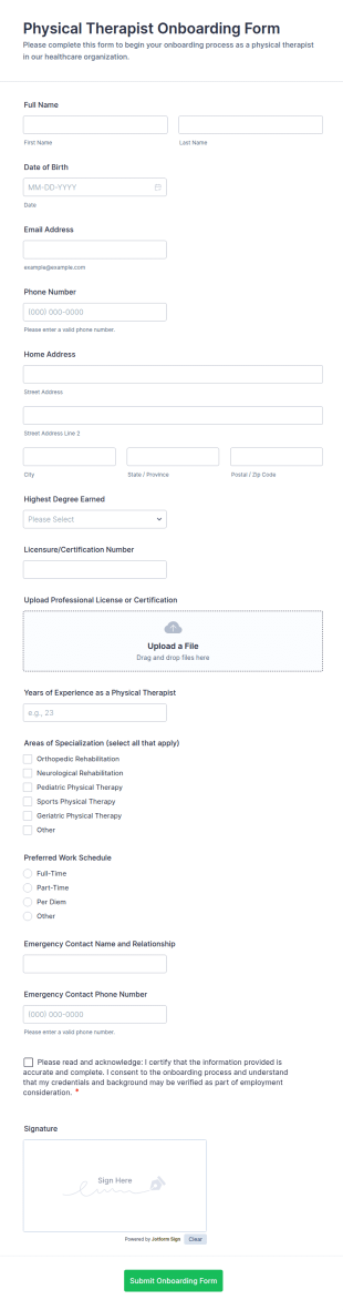 Physical Therapist Onboarding Form Template