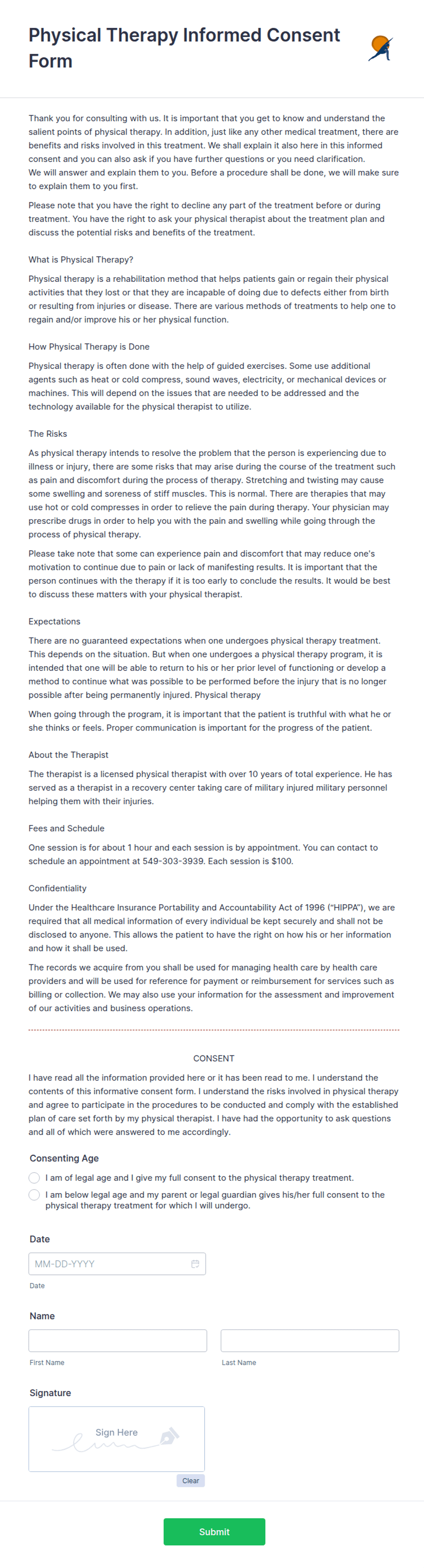 Physical Therapy Informed Consent Form Template Jotform