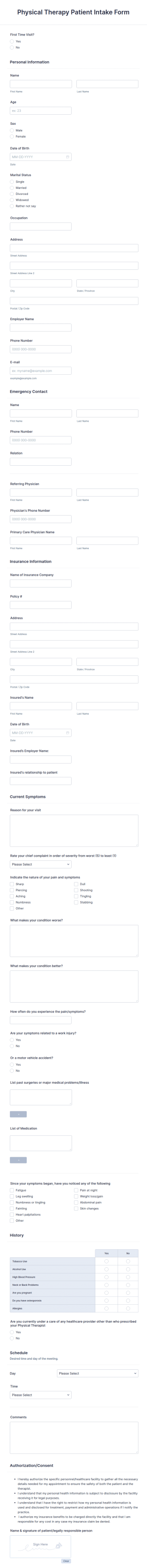Physical Therapy Intake Form Template