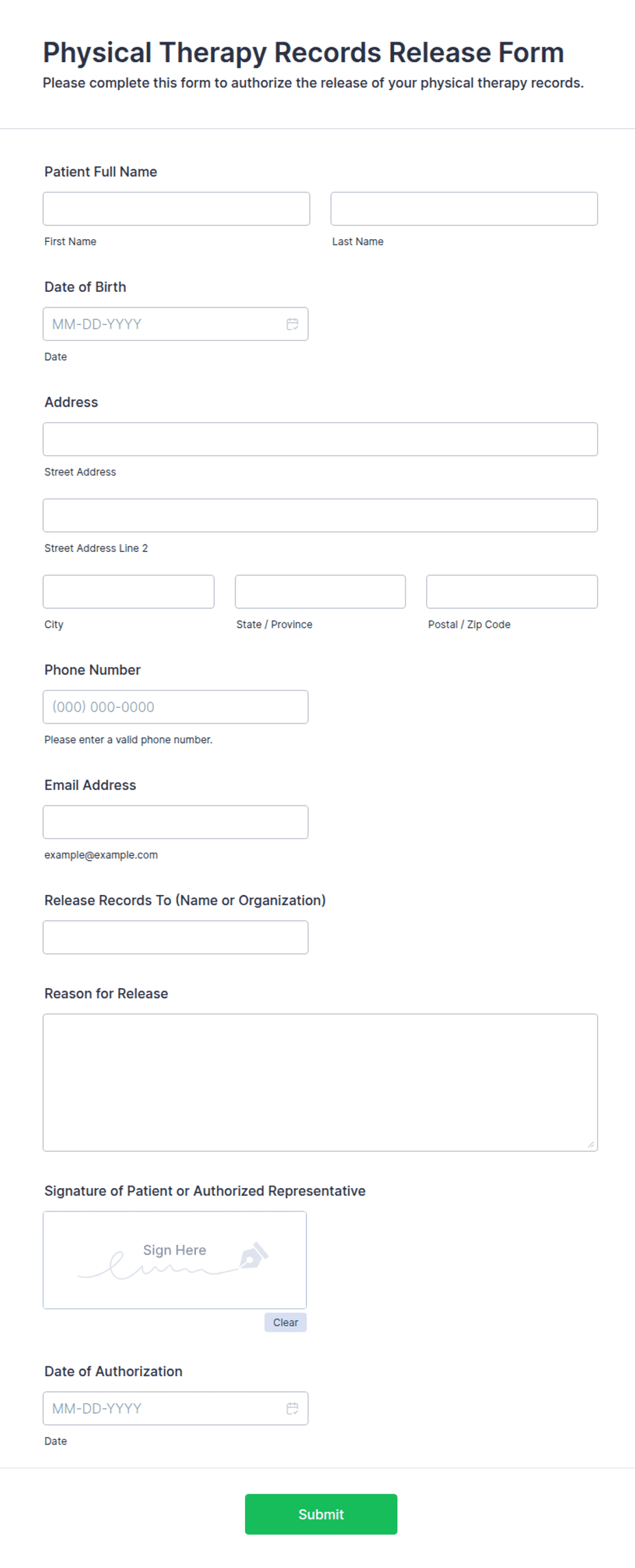 Physical Therapy Records Release Form Template | Jotform