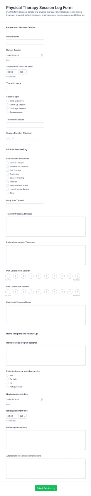 Physical Therapy Session Log Form Template