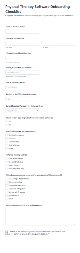 Physical Therapy Software Onboarding Checklist Form Template