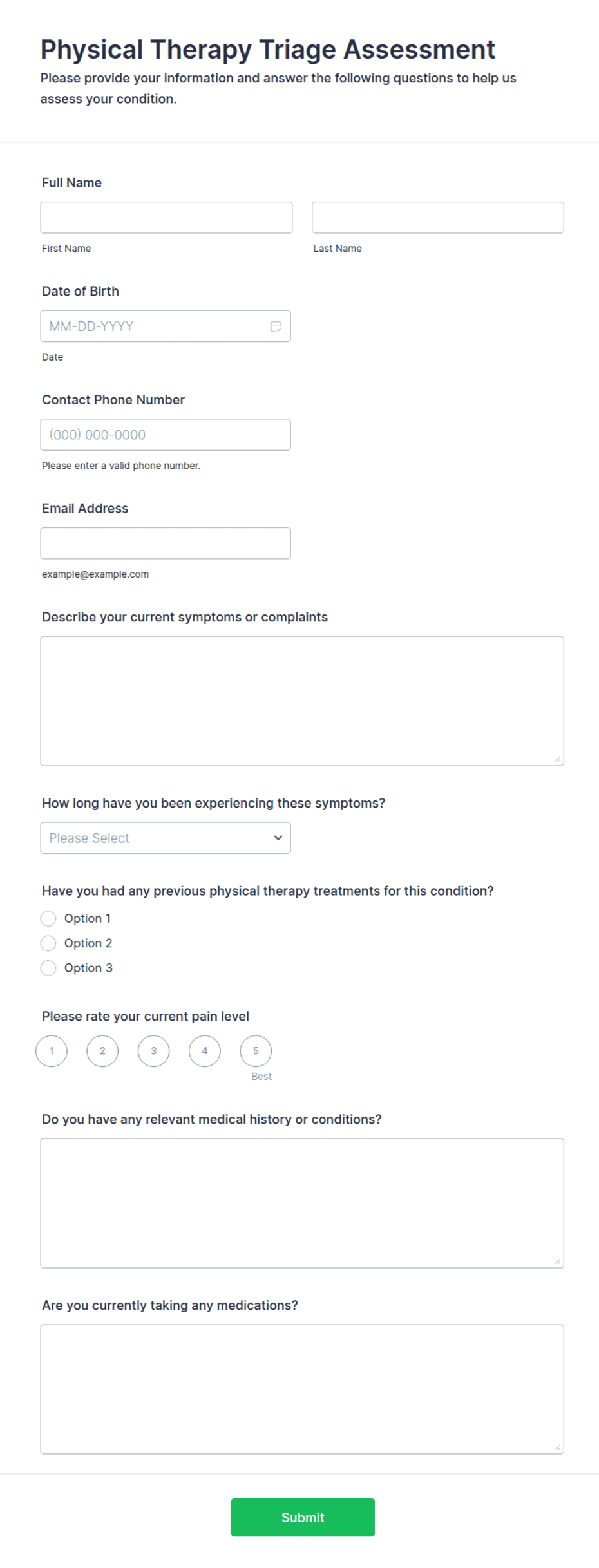 Triage Form.pdf Physical Therapy Triage Assessment Form Template | Jotform
