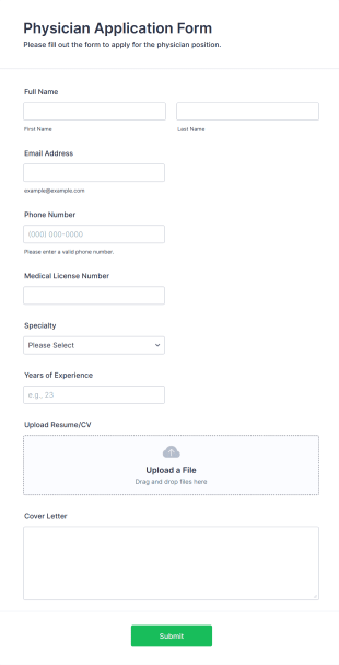 Physician Application Form Form Template