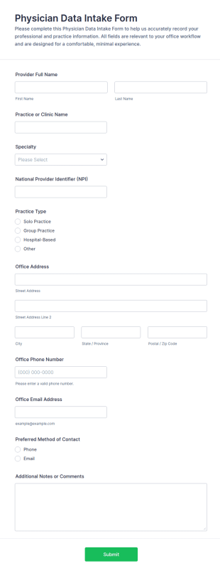 Physician Data Intake Form Template