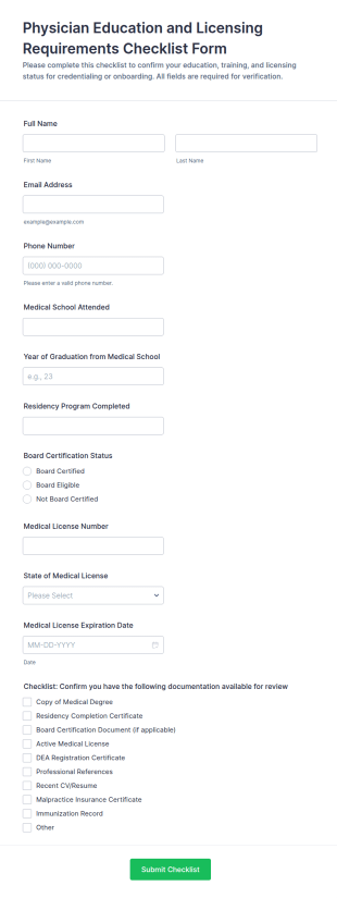 Physician Education And Licensing Requirements Checklist Form Template