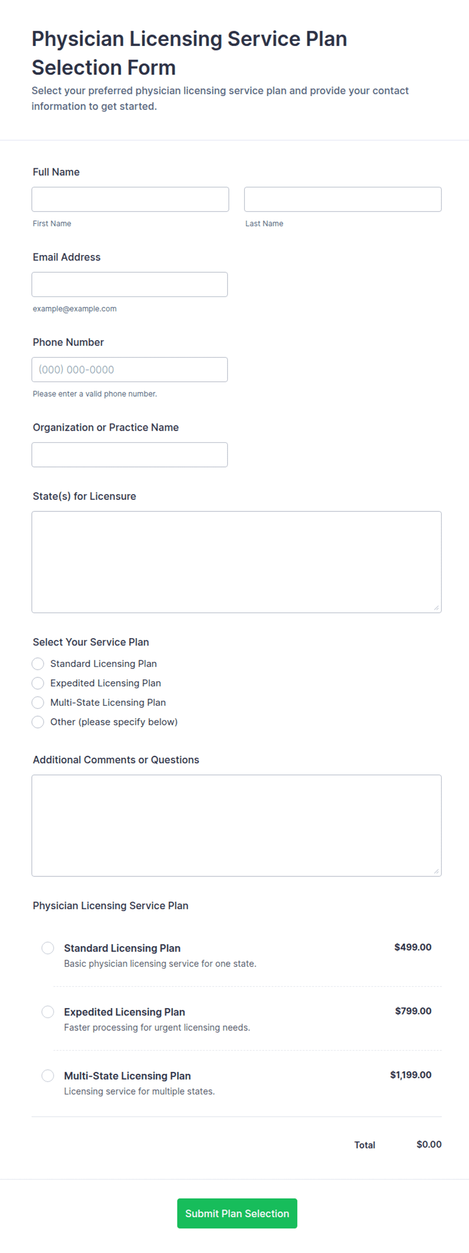 Physician Licensing Service Plan Selection Form Template | Jotform