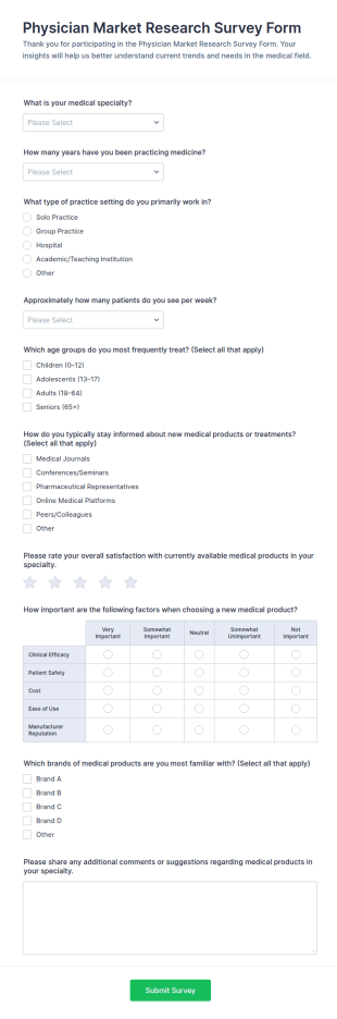 Physician Market Research Survey Form Template