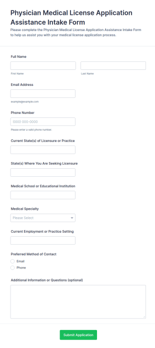 Physician Medical License Application Assistance Intake Form Template