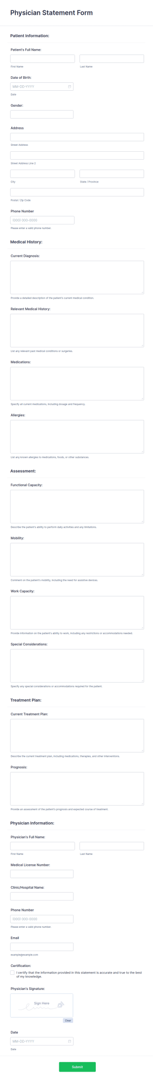 Physician Statement Form Template