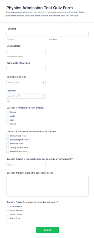 Physics Admission Test Quiz Form Template