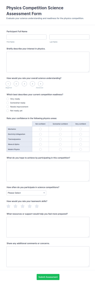 Physics Competition Science Assessment Form Template