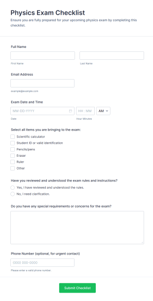 Physics Exam Checklist Form Template
