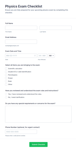Physics Exam Checklist Form Template