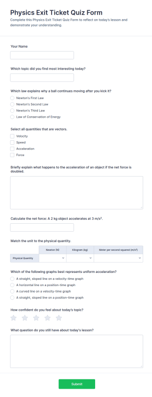Physics Exit Ticket Quiz Form Template