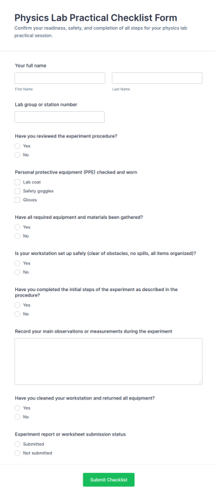 Physics Lab Practical Checklist Form Template