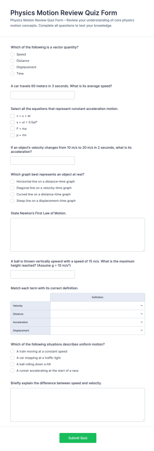 Physics Motion Review Quiz Form Template