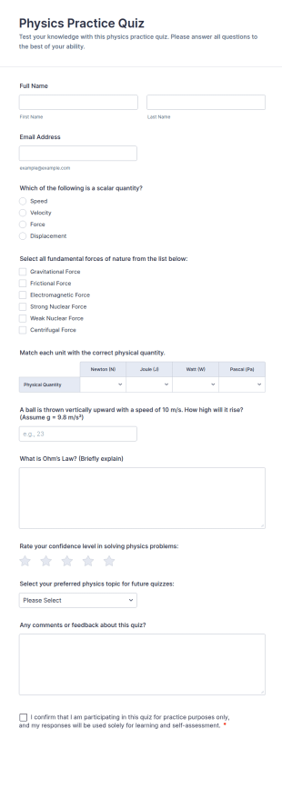 Physics Practice Quiz Form Template