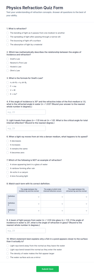 Physics Refraction Quiz Form Template