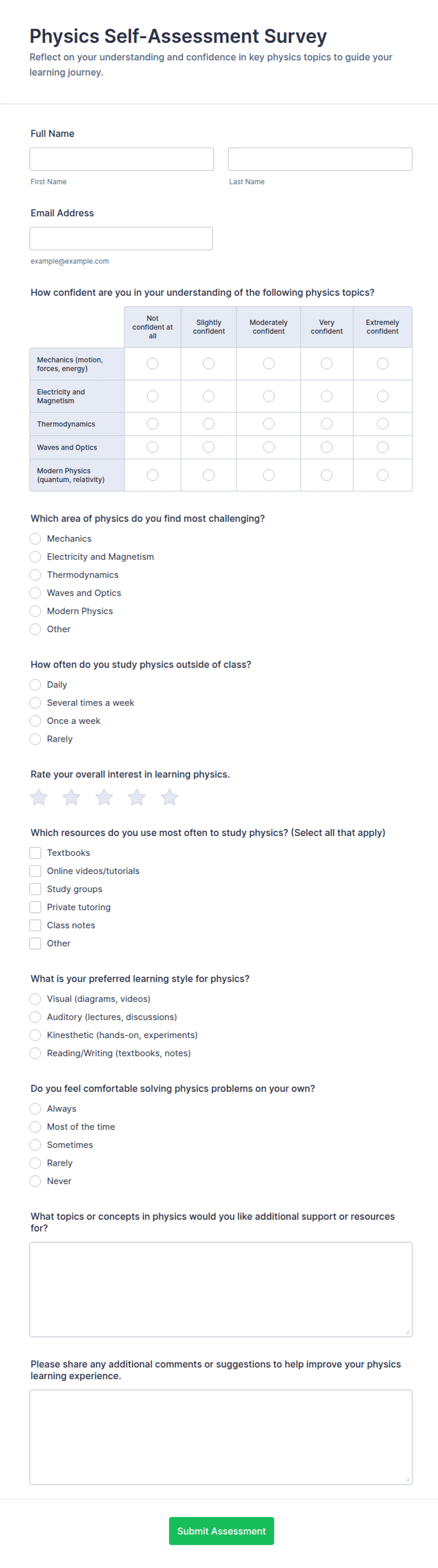 Physics Self-Assessment Survey Form Template | Jotform