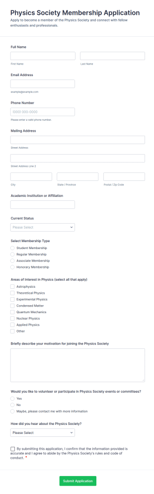Physics Society Membership Application Form Template
