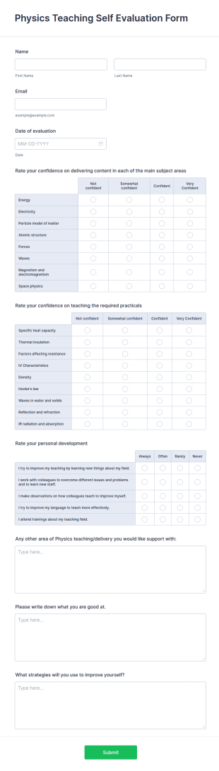 Physics Teaching Self Evaluation Form Template