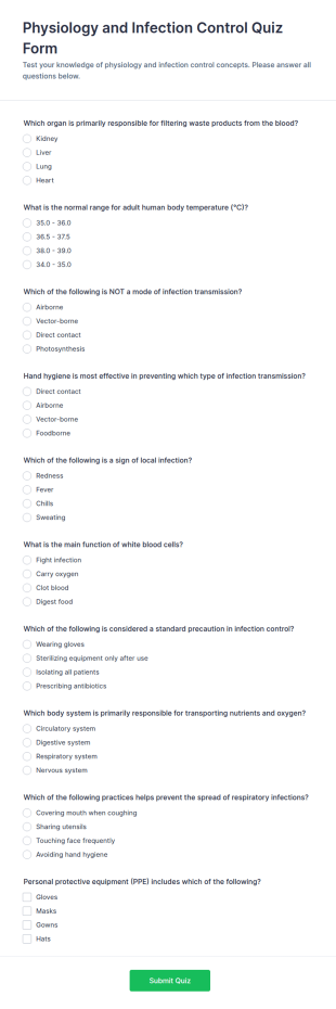 Physiology And Infection Control Quiz Form Template