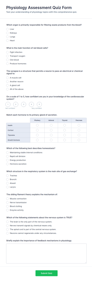 Physiology Assessment Quiz Form Template